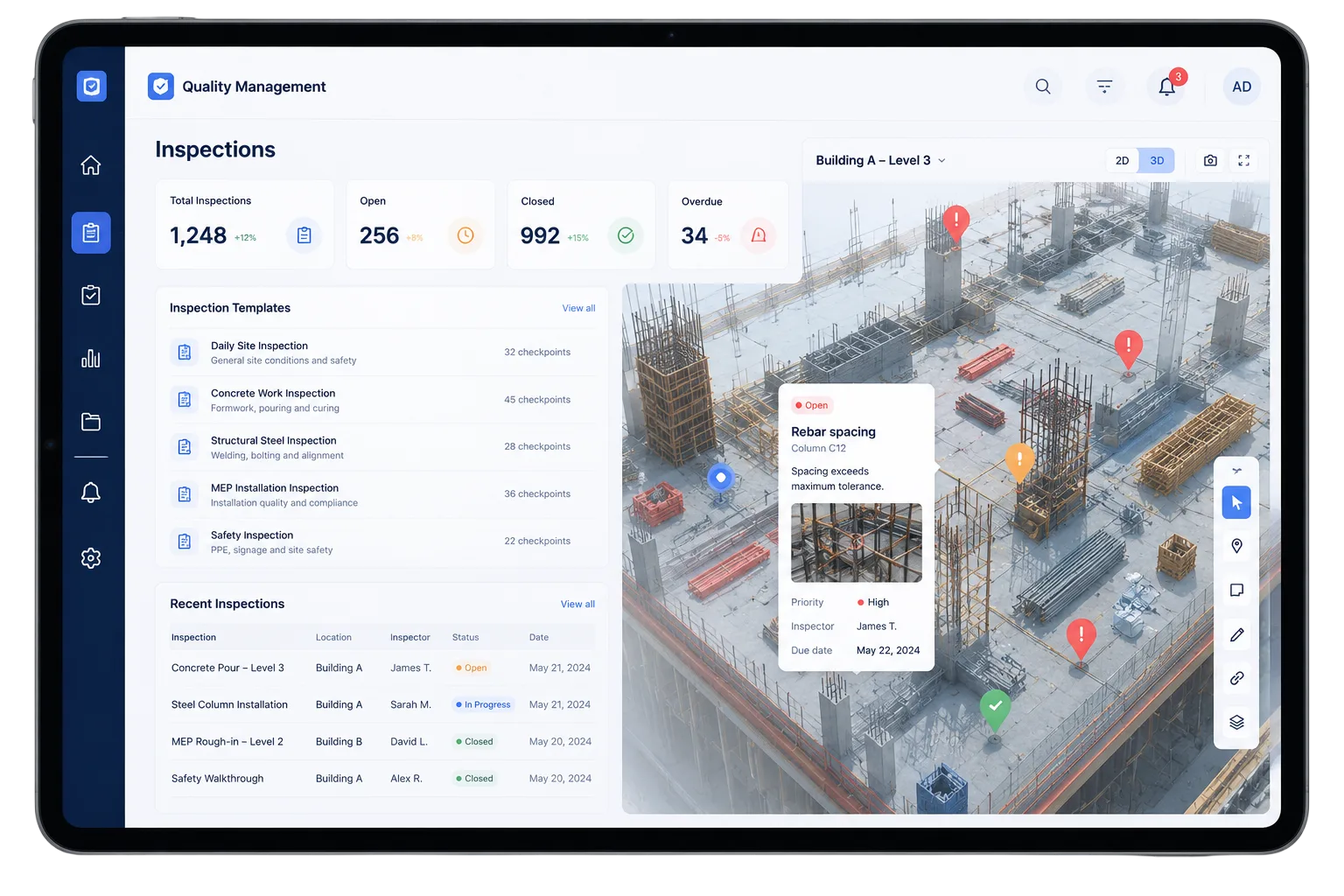 Engineer conducting quality inspection on a construction site