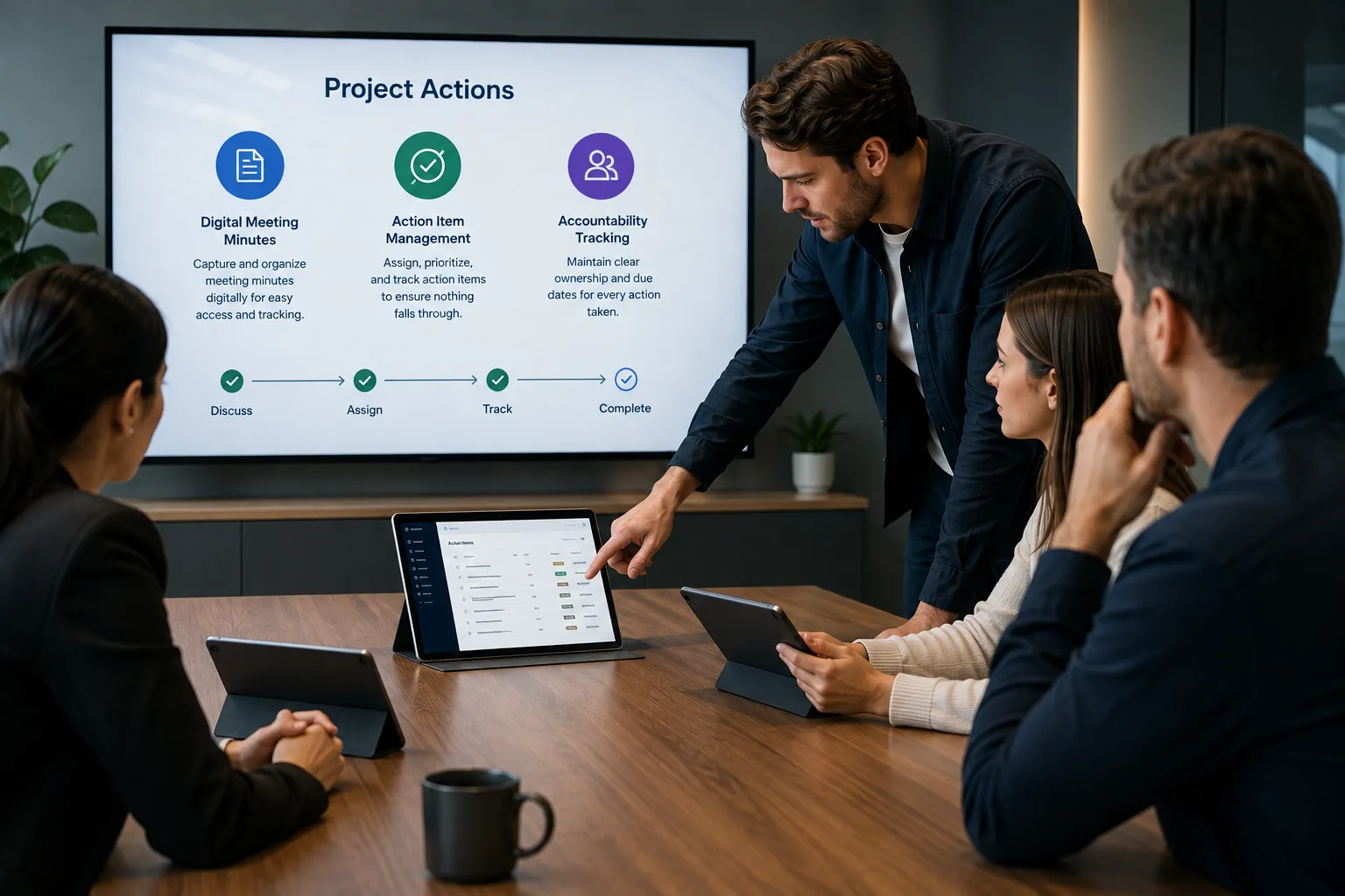 Digital meeting management and collaborative action tracking