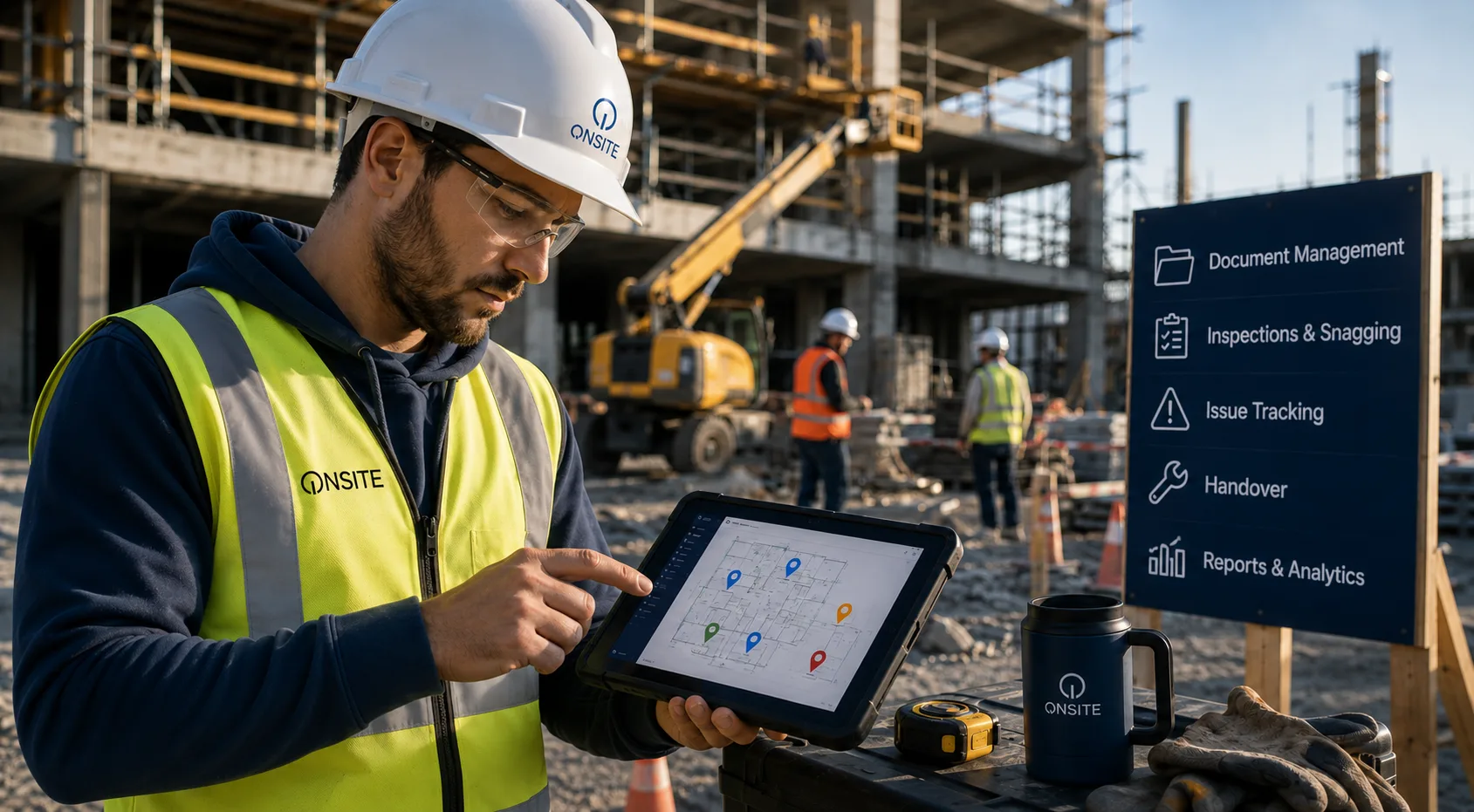 Field worker using mobile device on construction site